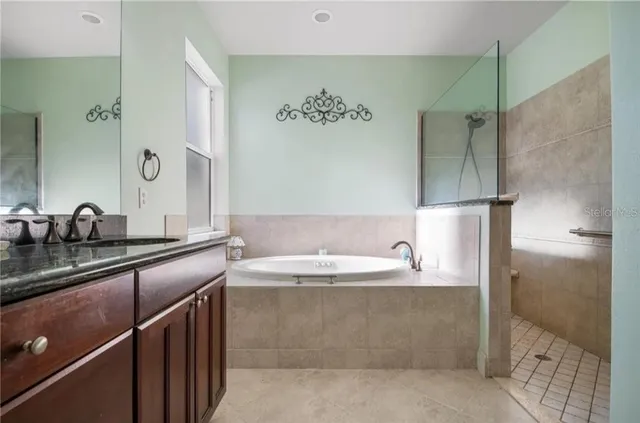 a bathroom with a tub a sink and mirror