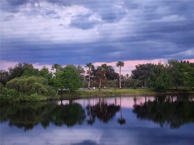 a view of a lake with houses in back