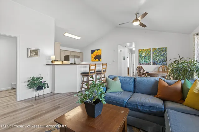 a living room with furniture potted plant and window
