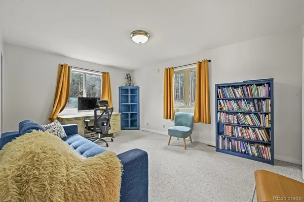 a living room with furniture a bookshelf and a window
