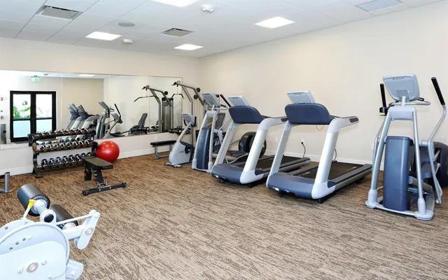 a living room with lots of gym equipment