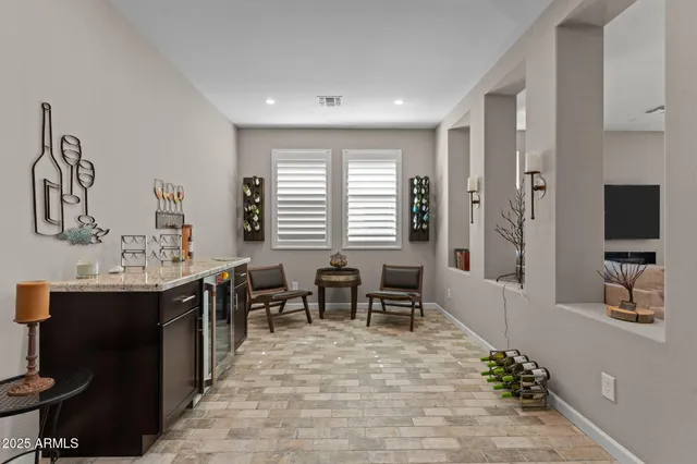 a view of a dining room with furniture