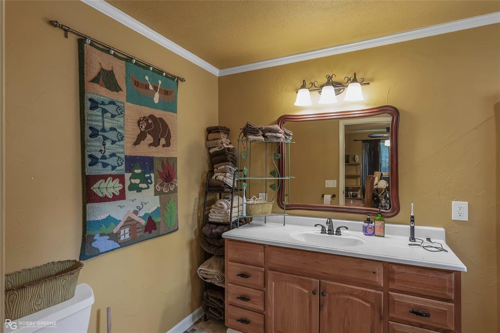 10865 Ferry Lake Road Oil City, LA 71061 - Photo 29 of 36 Bathroom featuring vanity, crown molding, and a textured ceiling