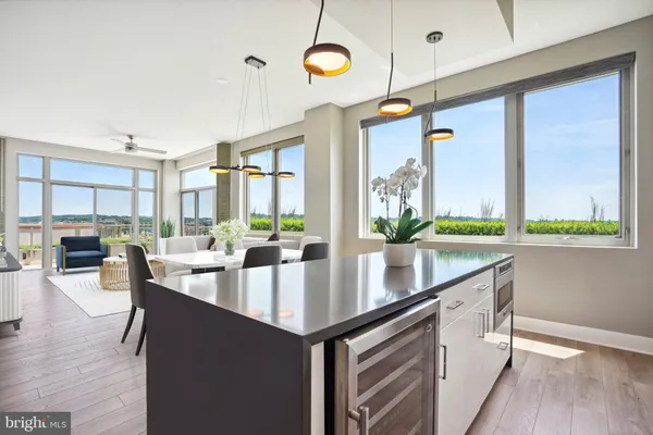 a living room with furniture potted plant and a large window
