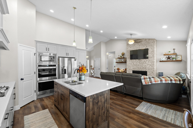 3678 Spiral Springs Road, Unit 204 Tooele, UT 84074 - Photo 7 of 59 Vaulted ceilings with recessed lighting, wood-finish flooring, a kitchen island with a double sink, a stone fireplace, and stainless steel kitchen appliances