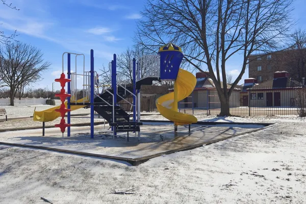 a view of a park with slide