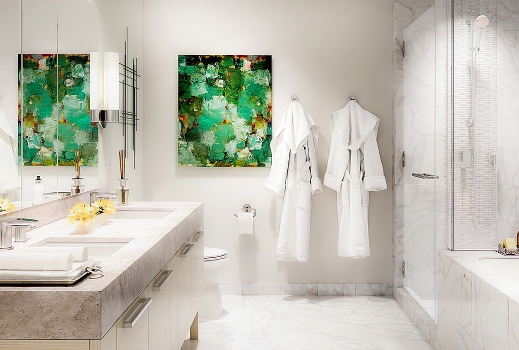 1 Franklin Street, Unit 4110 Boston, MA 02110 - Photo 6 of 8 a bathroom with a granite countertop sink and a bathtub