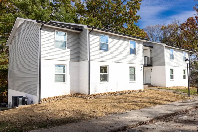 a side view of a house with a backyard