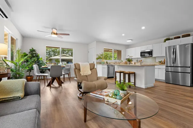 a living room with furniture and a dining table with kitchen view