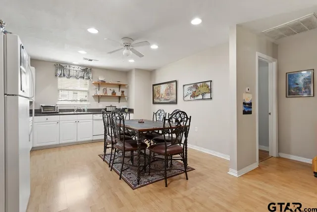 a view of a dining room with furniture