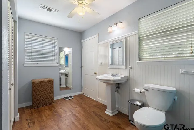 a bathroom with a sink a toilet and mirror