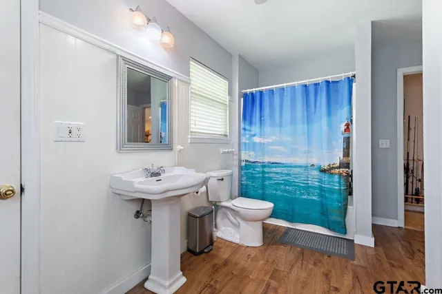 a bathroom with a sink a toilet and shower