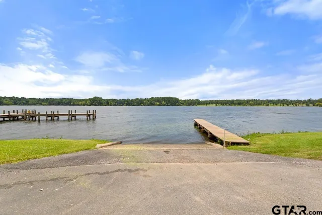 a view of a lake with houses in the background