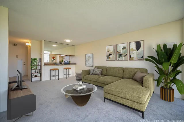 a living room with furniture and a potted plant