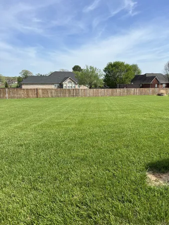 a view of green field with house in background