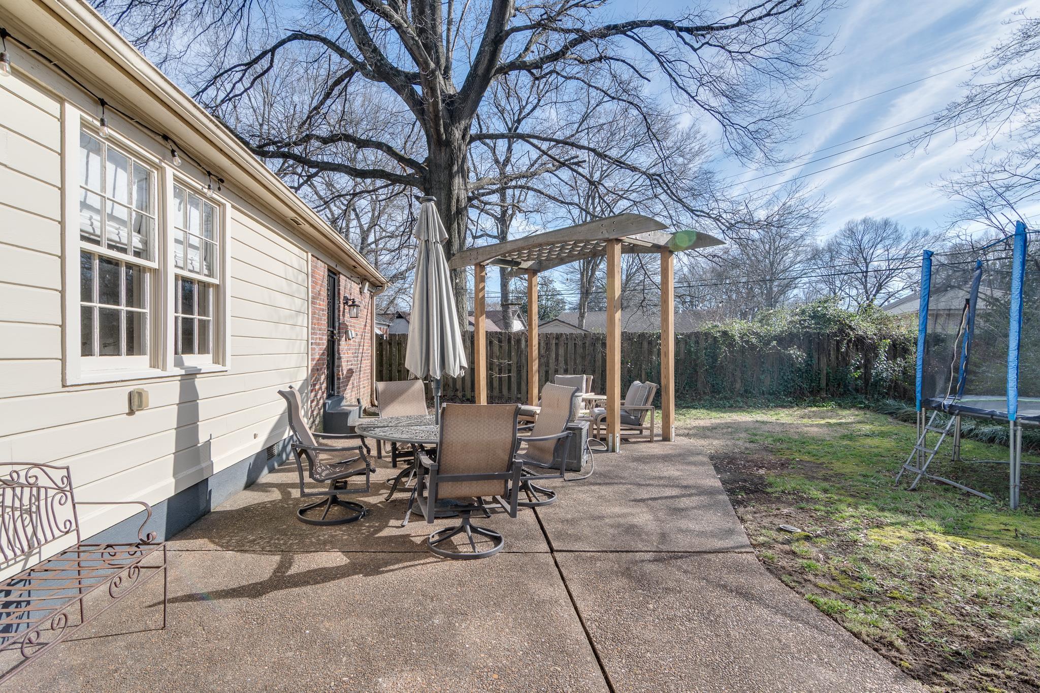 337 North White Station Road Memphis, TN 38117 - Photo 36 of 37 View of patio / terrace featuring a fenced backyard, a trampoline, and outdoor dining space