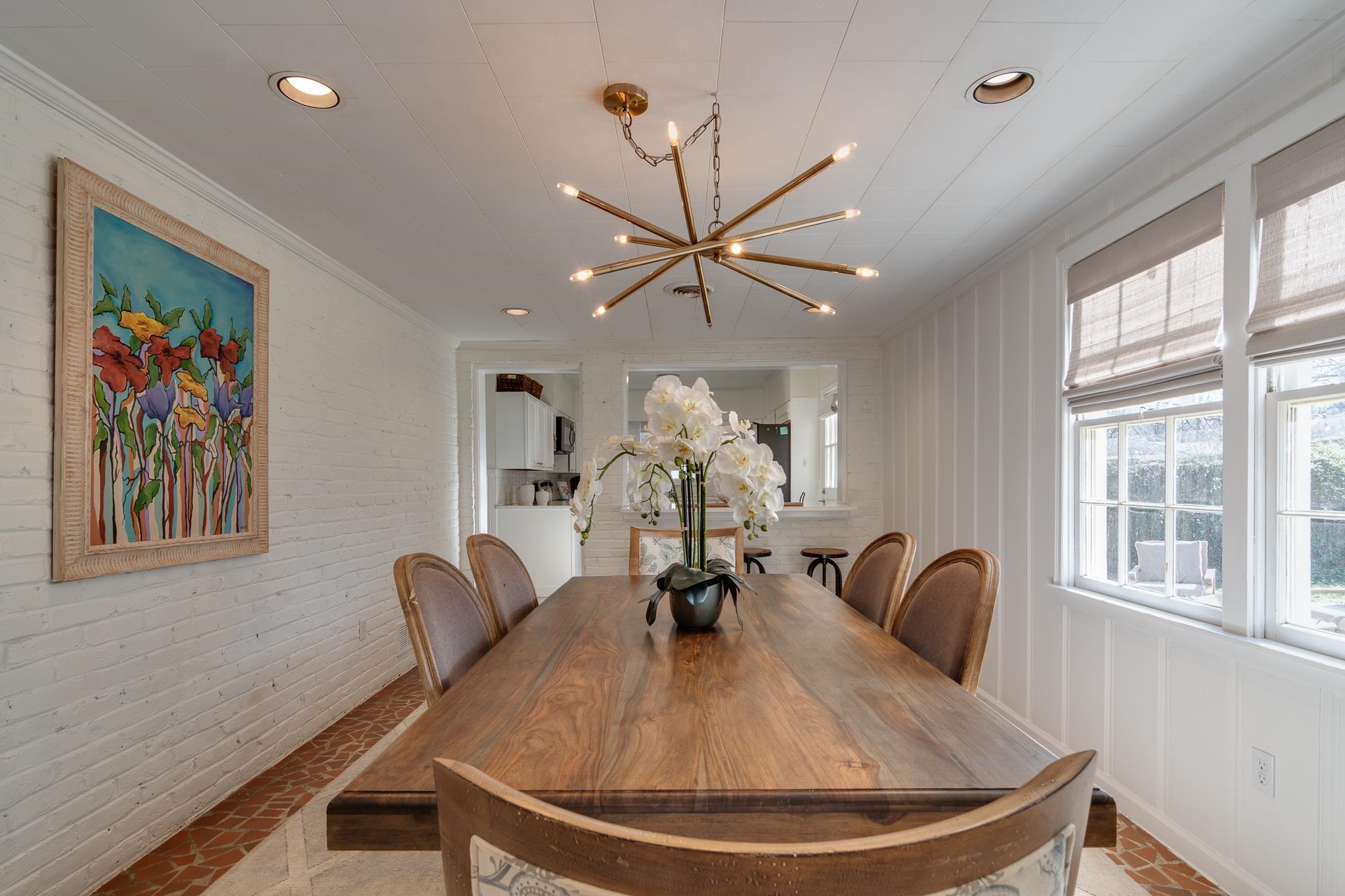 337 North White Station Road Memphis, TN 38117 - Photo 9 of 37 Dining space with brick wall, ornamental molding, a notable chandelier, and recessed lighting