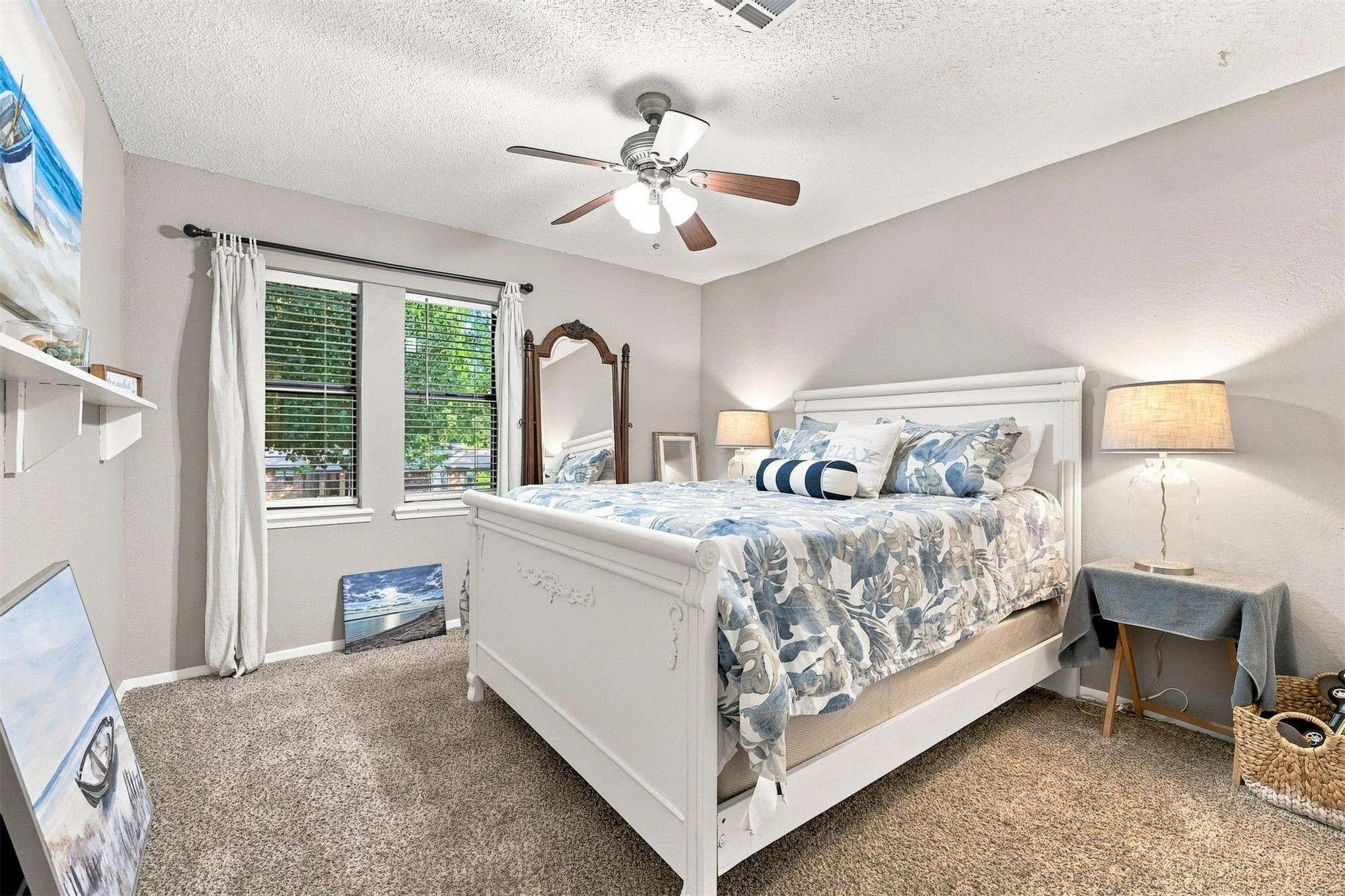 171 Woods Road Mead, OK 73449 - Photo 23 of 62 Recessed lighting, ceiling fan with light fixture, dual windows with blinds, and neutral carpet flooring