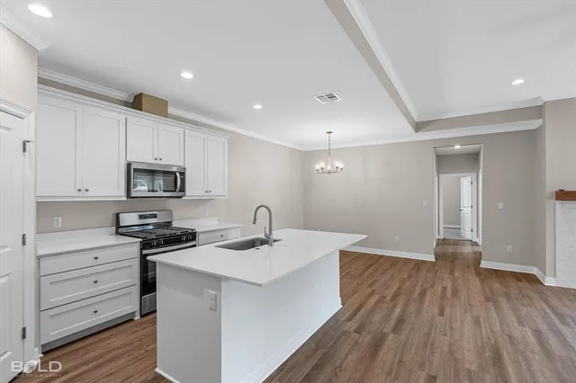 a kitchen with stainless steel appliances granite countertop a sink a stove and cabinets