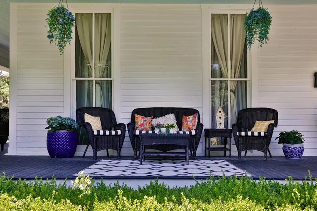 a front view of a house with patio