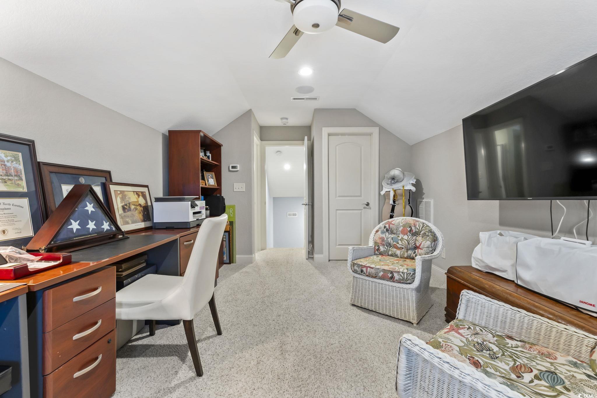 750 Villarosa Drive Myrtle Beach, SC 29572 - Photo 26 of 40 Home office featuring vaulted ceiling, light carpet, a ceiling fan, and recessed lighting