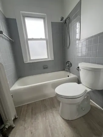 a bathroom with a toilet and a bathtub