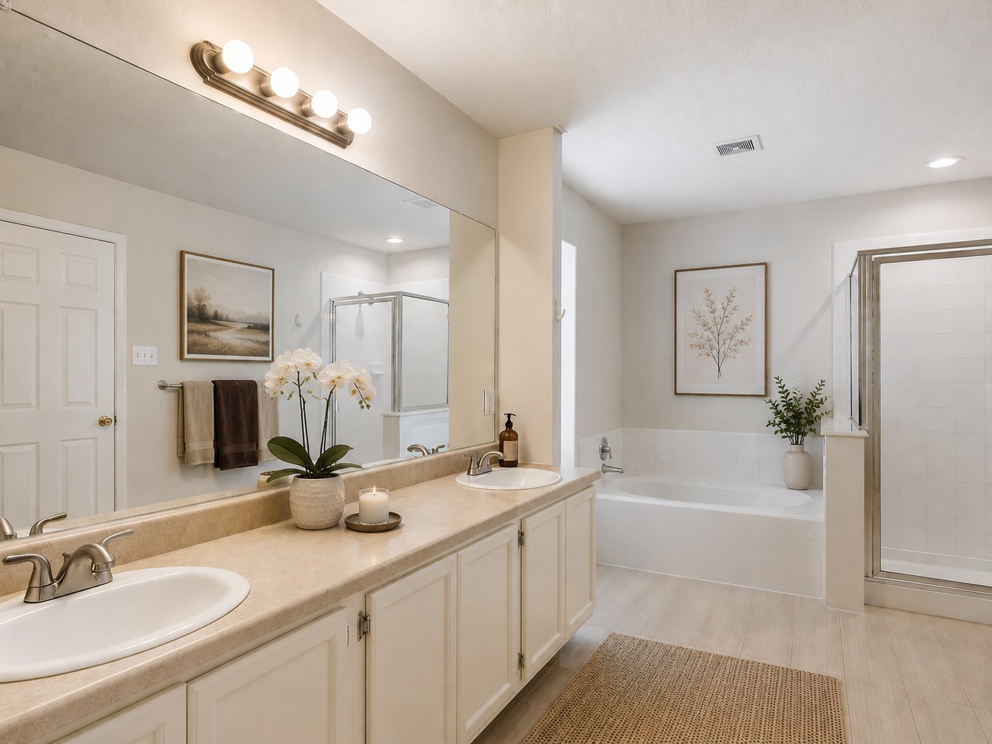 19422 Harvest Stream Way Houston, TX 77084 - Photo 23 of 41 Indulge in the elegance of this primary en suite bath, featuring dual sinks, a luxurious soaking tub, and a separate shower for a perfect blend of style and functionality. AI-staged to help visualize the space.