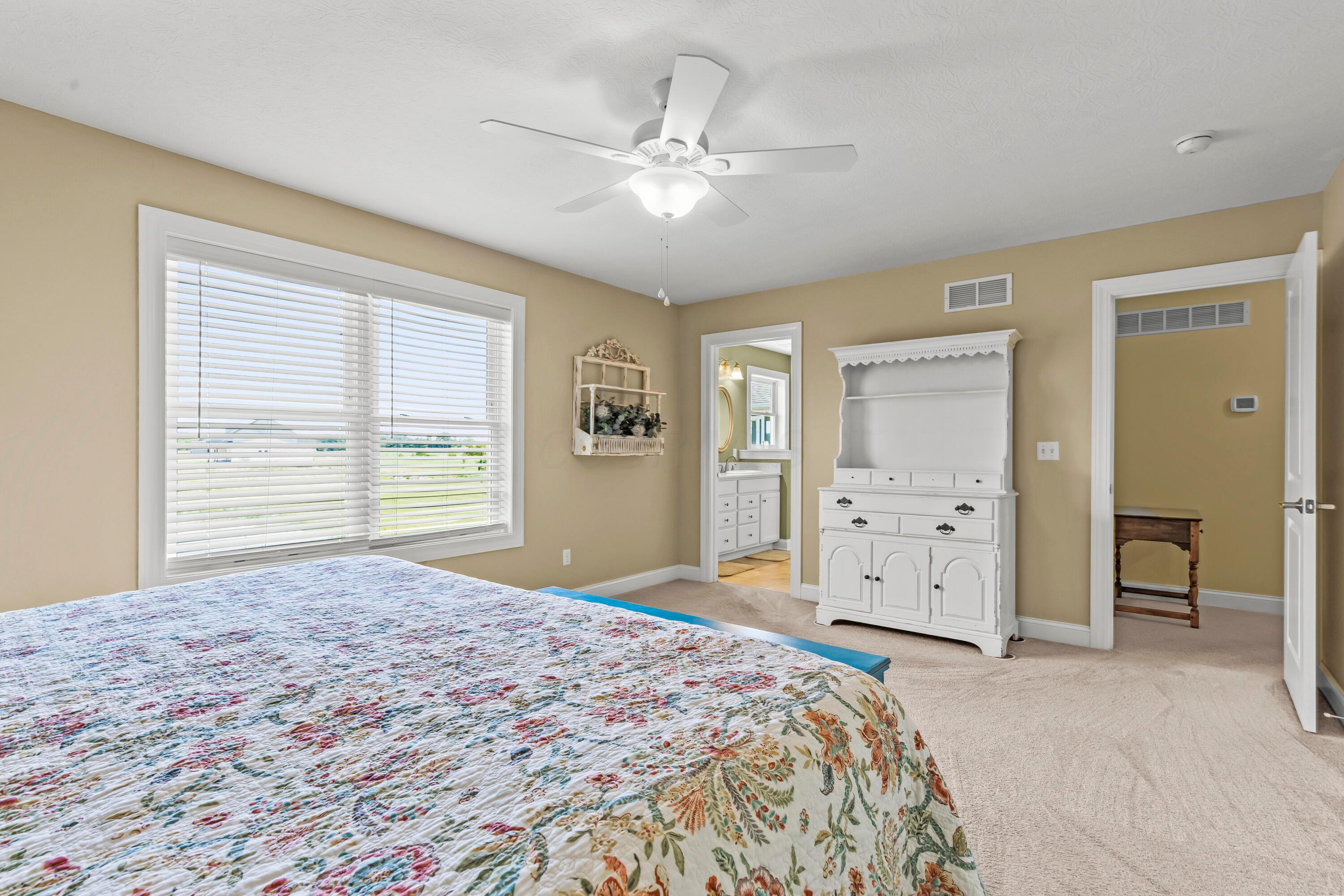 3582 Panhandle Road Delaware, OH 43015 - Photo 9 of 65 • Light sand carpet • Tan painted walls • Lighted ceiling fan • Headboard does not remain • 2” blinds