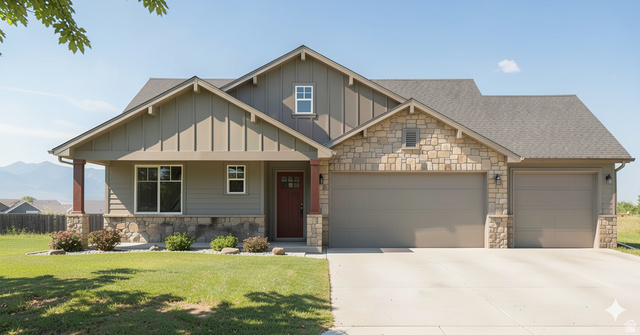 5005 North 75 East Enoch, UT 84721 - Photo 1 of 37 Craftsman-style house with stone siding, board and batten siding, driveway, and a front yard