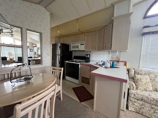 a kitchen that has a sink cabinets counter top space and stainless steel appliances