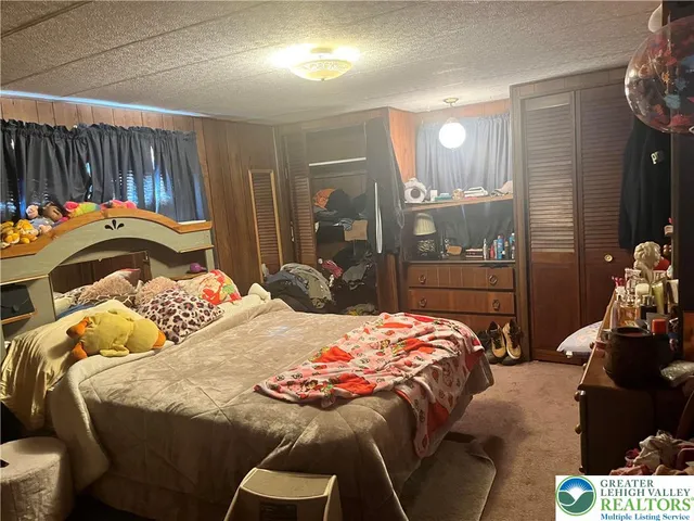 a bedroom with a bed and cabinets