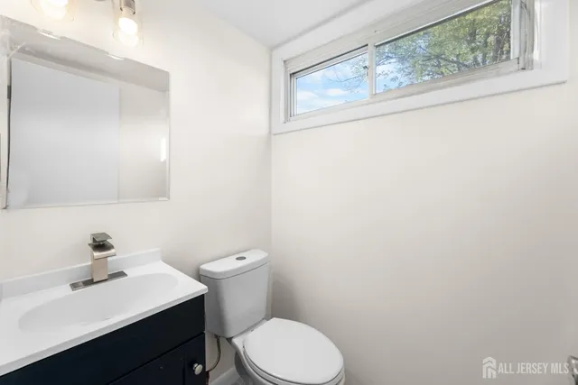 a bathroom with a sink a toilet and mirror