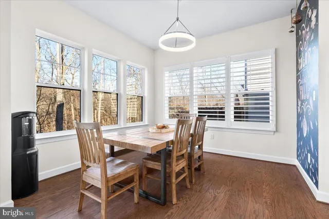 a view of a dining room with furniture windows and wooden floor