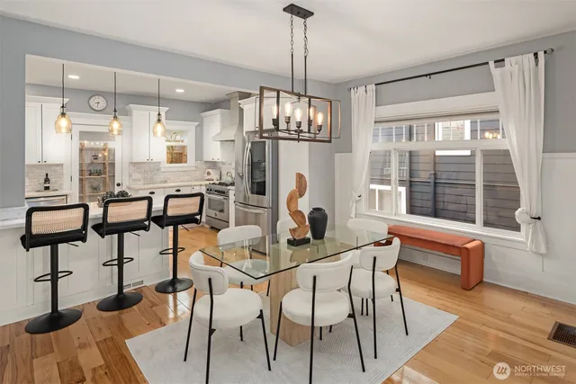 a view of a dining room with furniture window and wooden floor