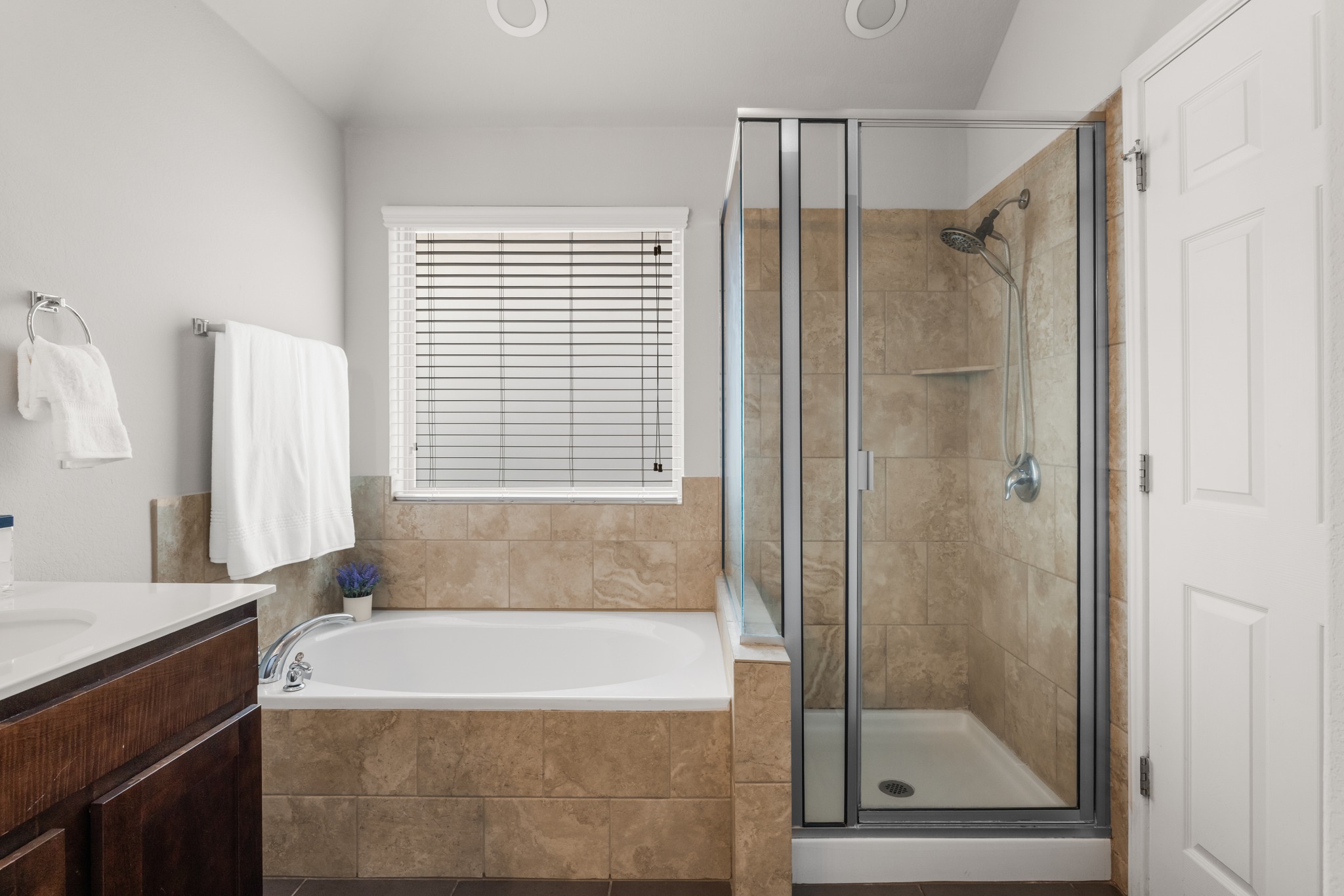 219 Noddy Road Buda, TX 78610 - Photo 23 of 31 Full bathroom with a shower stall, vanity, and a garden tub