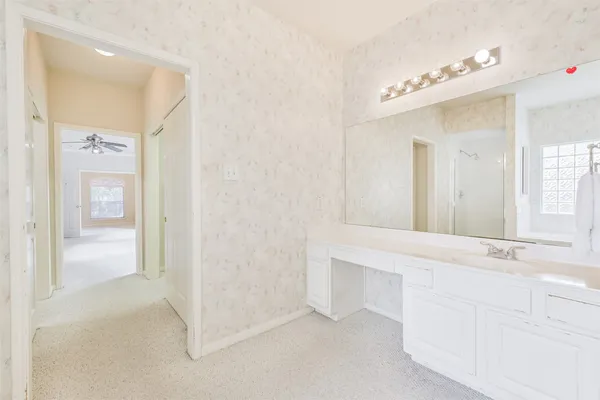 a bathroom with a sink vanity and a mirror