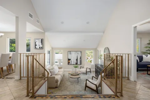 a living room with furniture and a potted plant