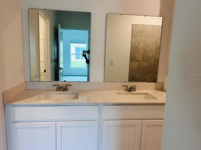 a bathroom with a sink and a mirror