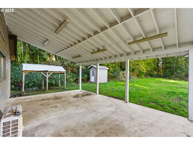 a view of a backyard with a plants and trees