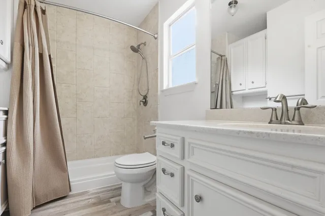 a bathroom with a sink a toilet a shower a vanity and a mirror