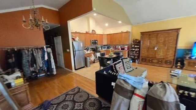a view of a living room and dining room