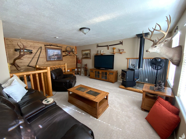 1061 Copper Street Stockton, UT 84071 - Photo 32 of 43 Living area featuring wood-finish accent wall, ceiling light fixture, wood-finish railing, and a black wood-burning stove with corrugated metal backing