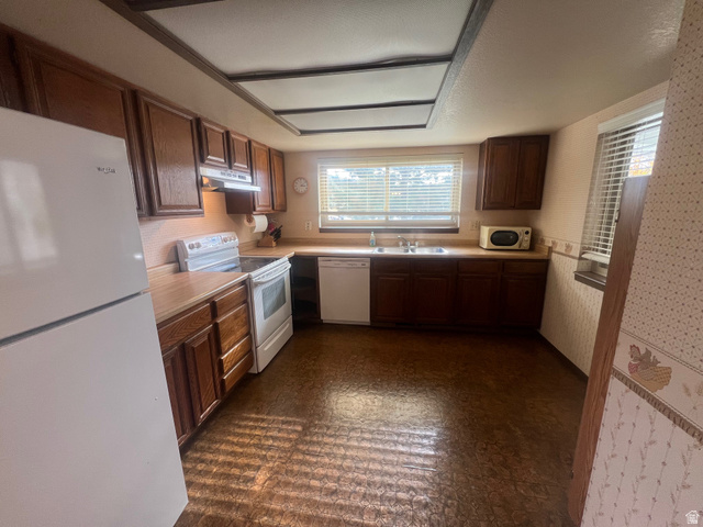 819 Castle Gate Circle Helper, UT 84526 - Photo 8 of 36 Kitchen with white appliances, plenty of natural light, light countertops, dark floors