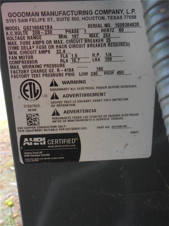 1719 Neelley Road Pleasant Garden, NC 27313 - Photo 33 of 35 HVAC Manufacture Date 09/15. Installed 8/16