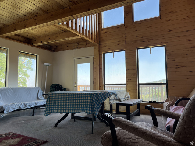 123 Tbd Monroe Canyon Road Monroe, UT 84754 - Photo 69 of 80 Carpeted living area featuring a wooden ceiling with exposed beams and wood walls