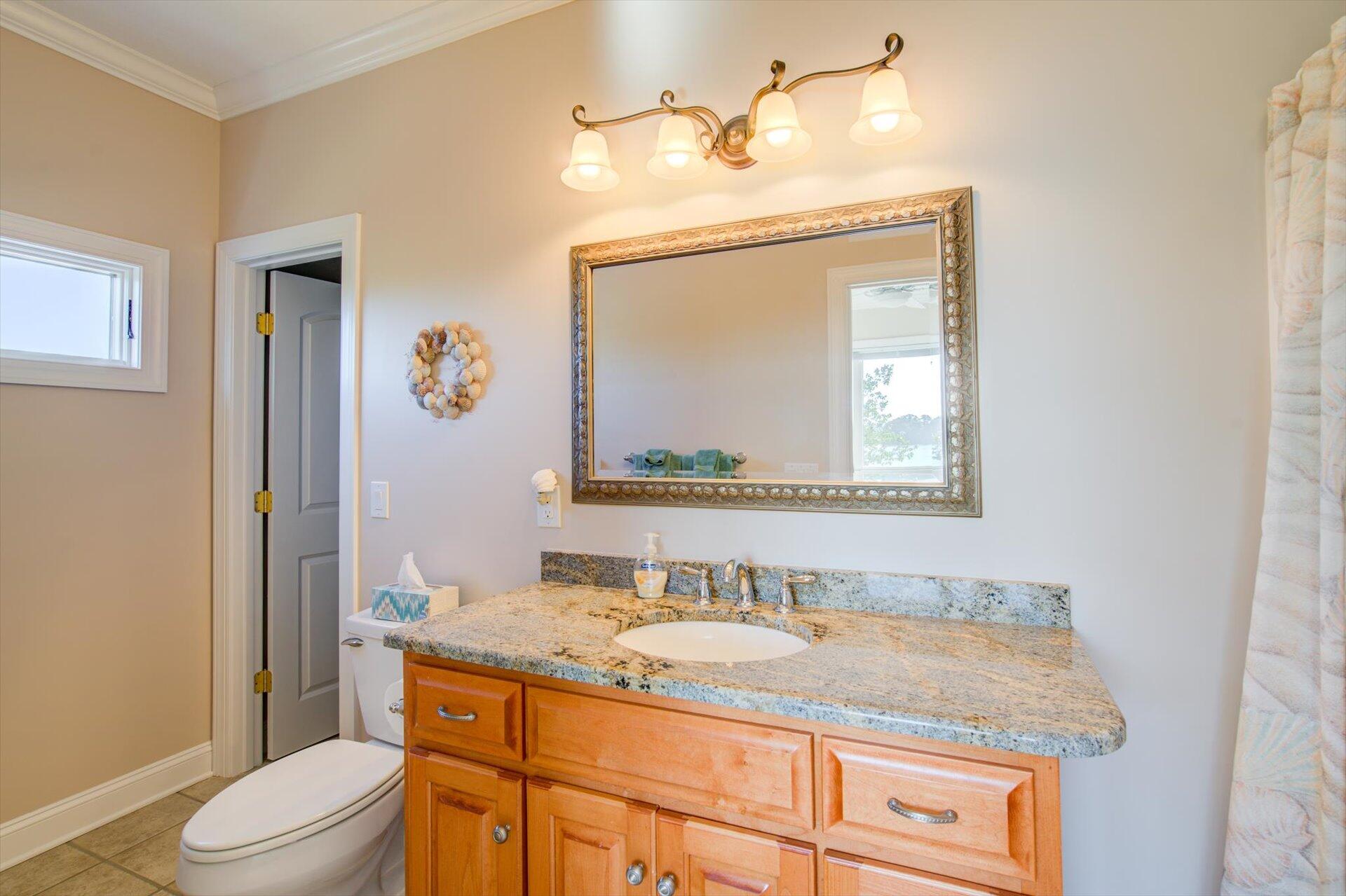249 Pine Bay Drive Union Hall, VA 24176 - Photo 41 of 62 a bathroom with a granite countertop sink a toilet and mirror