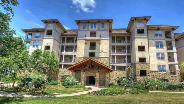 an aerial view of a swimming pool