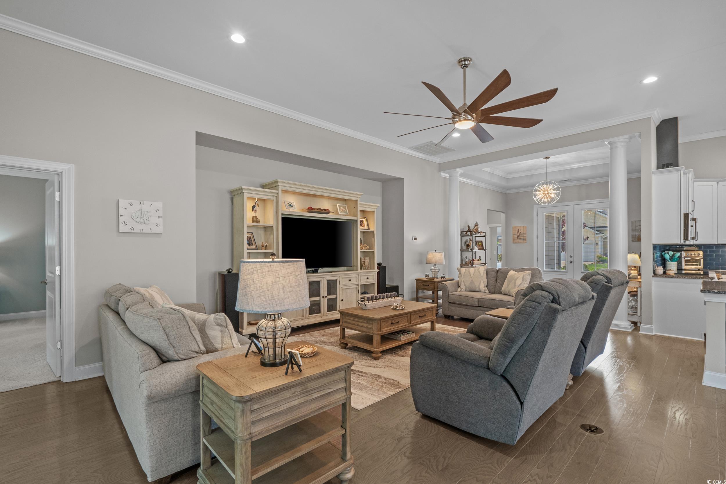 1380 Culbertson Avenue Myrtle Beach, SC 29577 - Photo 10 of 50 Living room with ceiling fan, wood finished floors, decorative columns, ornamental molding, and recessed lighting
