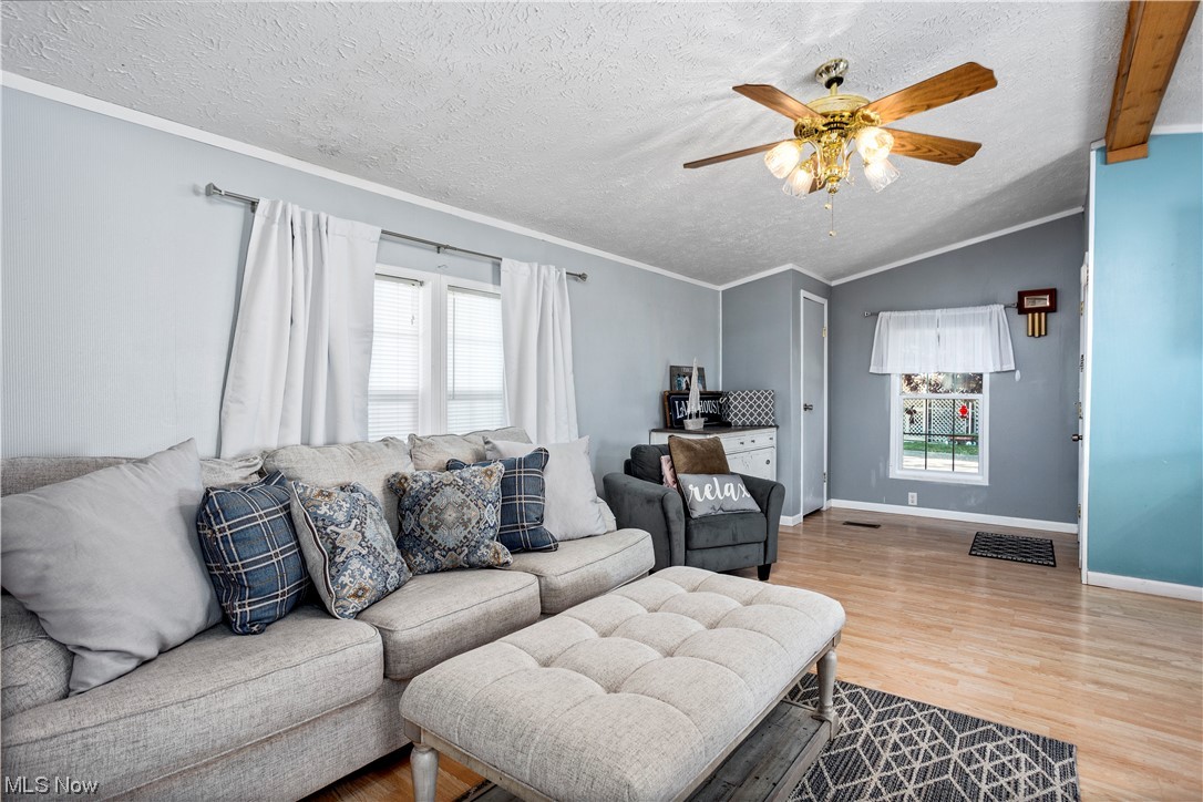 168 Coen Road Vermilion, OH 44089 - Photo 7 of 29 Living room featuring a textured ceiling, vaulted ceiling, light hardwood flooring, ornamental molding, and ceiling fan