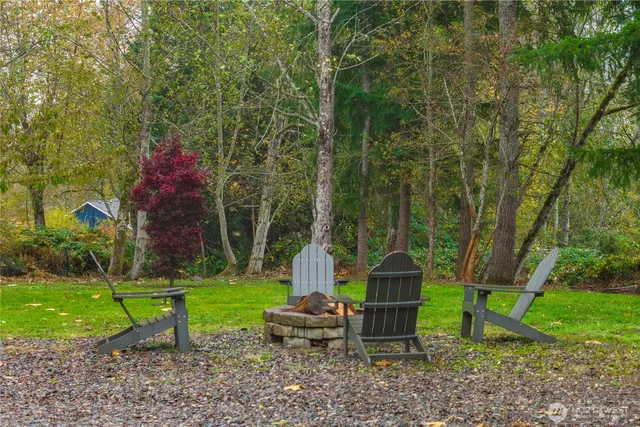 a garden view with a seating space